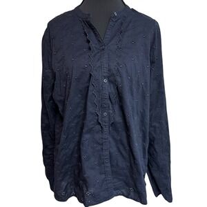 Abercrombie & Fitch 100% Cotton Poet Blouse Eyelet Button Up Navy Minimalist XL